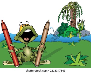 Front View of a Green Frog with an Open Mouth Holding Two Colored Markers - Colored Cartoon Illustration with Background, Vector