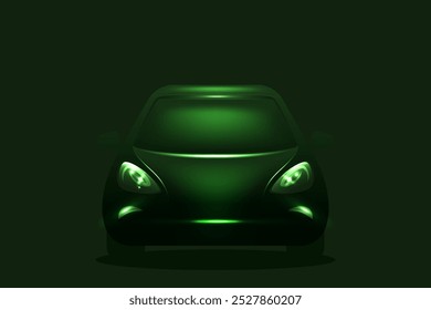Front view of green glowing electric car, EV concept illustration. Green neon glowing vehicle on a dark background.