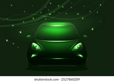 Vista frontal do carro elétrico brilhante verde, ilustração conceito EV. Veículo verde neon brilhante sobre um fundo escuro.