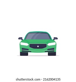 Front view of green sedan car. Flat style vector illustration. Vehicle and transport banner. Modern sedan from front.