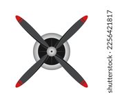 Front view of grey and red plane propeller vector illustration. Airplane or aircraft blade propeller, vintage rotor blades isolated on white background. Aeronautics, aviation industry concept