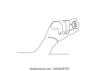 Front view of a hand holding Bitcoin. Bitcoin one-line drawing
