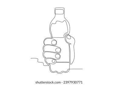 Vista frontal de una mano sosteniendo una botella de agua. Recorte de una línea del día mundial del agua