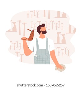 Front view of hardware store with abstract background. Repairman in a hardware shop. Flat vector illustration.