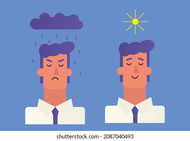 Front view of a character’s head with rain cloud and sun, symbolizing mindfulness and stress management. Modern flat vector illustration.