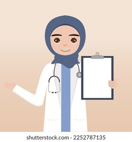 Front view hijab doctor character. Doctor character creation face emotions, pose and gesture. Cartoon style, flat vector illustration.Female hijab doctor finger pointing up, holding clipboard.