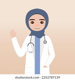 Front view hijab doctor character. Doctor character creation face emotions, pose and gesture. Cartoon style, flat vector illustration.Female hijab doctor finger pointing up, holding clipboard.