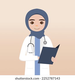 Front view hijab doctor character. Doctor character creation face emotions, pose and gesture. Cartoon style, flat vector illustration.Female hijab doctor finger pointing up, holding clipboard.
