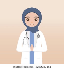 Front view hijab doctor character. Doctor character creation face emotions, pose and gesture. Cartoon style, flat vector illustration.Female hijab doctor finger pointing up, holding clipboard.