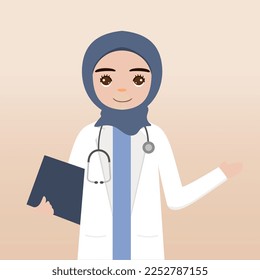 Front view hijab doctor character. Doctor character creation face emotions, pose and gesture. Cartoon style, flat vector illustration.Female hijab doctor finger pointing up, holding clipboard.