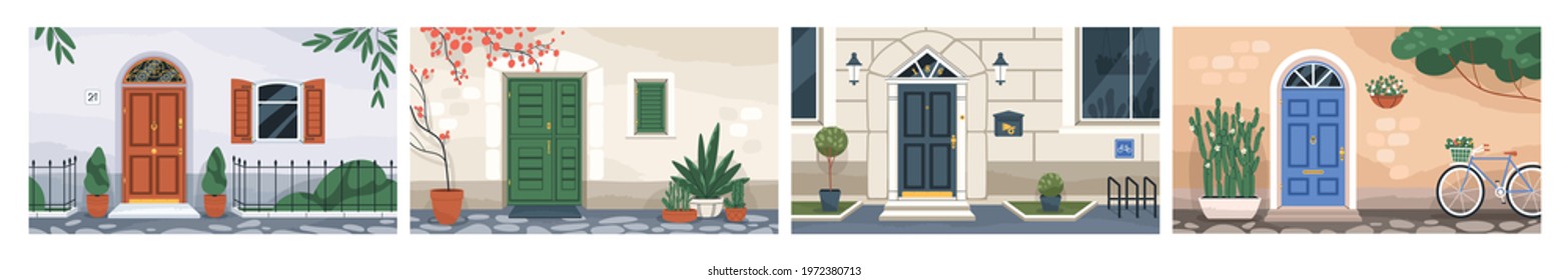 Front view of home walls with closed doors, windows with wooden shutters, mailboxes, potted plants, lanterns and bicycle parkings. Colored flat vector illustrations of doorways, building entrances svg
