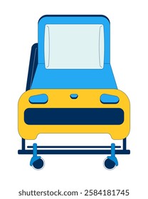 Front view of hospital bed with adjustable backrest 2D cartoon object. Medical furniture with rolling wheels for mobility isolated element flat vector clipart on white background. Spot illustration