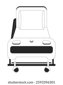 Front view of hospital bed with adjustable backrest black and white 2D line object. Medical furniture with rolling wheels isolated clip art vector outline item. Monochromatic spot illustration