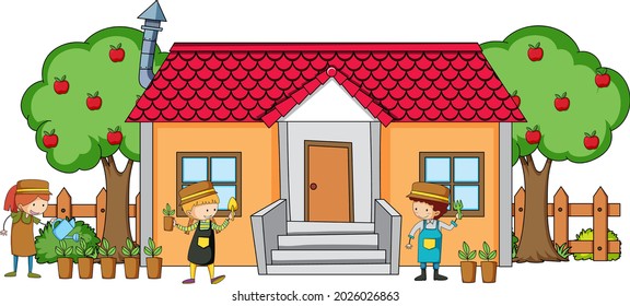 Front view of a house with many kids on white background illustration