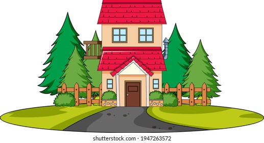 Vista frontal de uma casa com elementos da natureza na ilustração de fundo branco