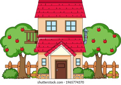 Front view of a house with nature elements on white background illustration
