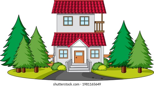 Vista frontal de una casa con elementos naturales sobre ilustración de fondo blanco