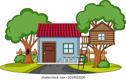 Front view of a house with nature elements on white background illustration