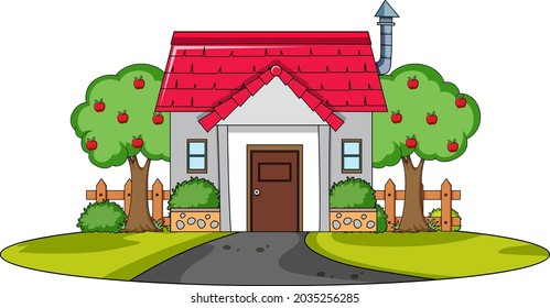 Front view of a house with nature elements on white background illustration