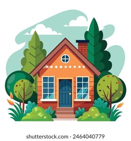 front view of a house with nature elements on whit