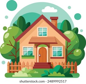 front view of a house with nature elements on white background