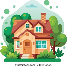 front view of a house with nature elements on white background