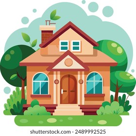 front view of a house with nature elements on white background