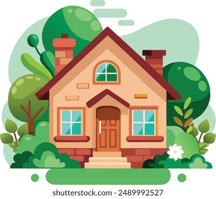 Vorderansicht eines Hauses mit Elementen der Natur auf weißem Hintergrund