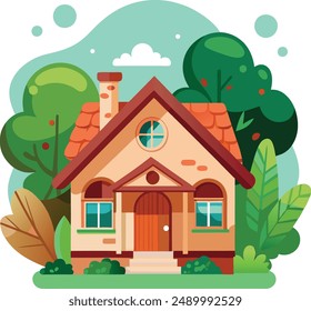 front view of a house with nature elements on white background