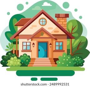 front view of a house with nature elements on white background