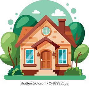 front view of a house with nature elements on white background