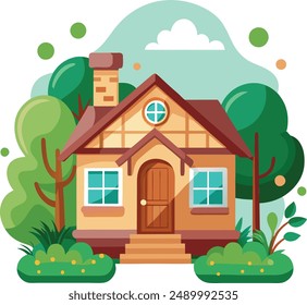 front view of a house with nature elements on white background