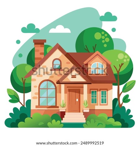 front view of a house with nature elements on white background