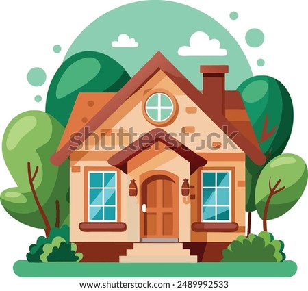 front view of a house with nature elements on white background