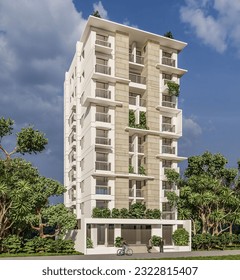 The front view of house, it is a nine stored house 3d render image.