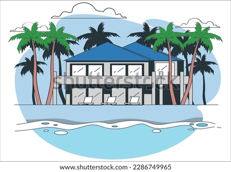 Front view of house on the beach and a setting sun, real estate with space for text. Luxury House on the coast. Private residence on the beach. Private Villa at sunset.