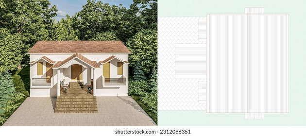 Front view of house, it is a single stored house, it has a tiled roof and roof plan, it is surrounded by trees and gardens. 