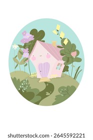 Vista frontal de una casa con Elementos naturales de primavera. Ilustración vectorial