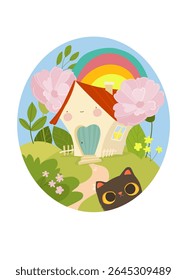 Front view of a house with summer nature elements. Vector Illustration