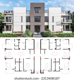 The front view of house, it is a two stored house, it has a two unit ground floor, including ground floor plan and it is surrounded by trees and gardens. 