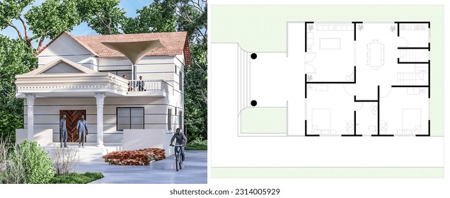 The front view of house, it is a two stored house, it has a one unit ground floor, including ground floor plan and it is surrounded by trees and gardens. 