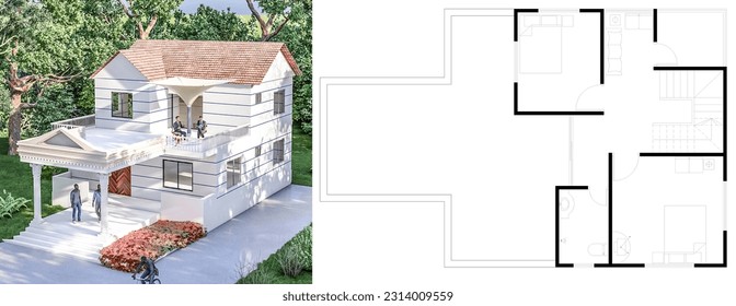 The front view of house, it is a two stored house, it has a one unit 1st  floor, including 1st floor plan and open tea lounge.