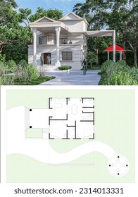 The front view of house, it is a two stored house, it has a one unit ground floor, including ground floor plan, it is surrounded by trees and gardens. open tea lounge.