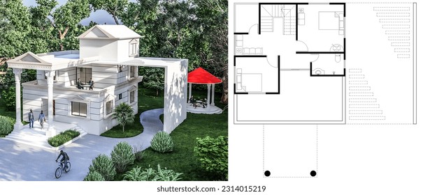 The front view of house, it is a two stored house, it has a one unit 1st floor, including1st floor plan, it is surrounded by trees and gardens. open tea lounge.