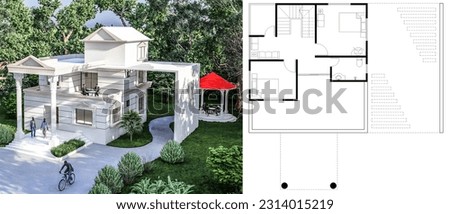 The front view of house, it is a two stored house, it has a one unit 1st floor, including1st floor plan, it is surrounded by trees and gardens. open tea lounge.
