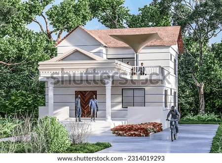 The front view of house, it is a two stored duplex house, it has a one unit plan, it is surrounded by trees and gardens. open tea lounge.