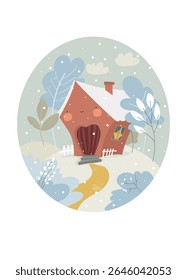 Front view of a house with winter nature elements. Vector Illustration