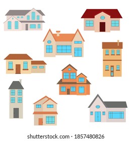 Front view houses set. Collection of icons of urban and country houses, townhouse and cottage. Isolated vector illustration