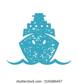 Delantero enorme transatlántico de crucero flotando sobre el agua del mar ondulante diseño decorativo de grunge textura ilustración vectorial. Transporte de naves de pasajeros o de carga de gran envergadura aislado