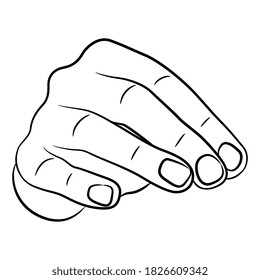 Front view of human hand. Cartoon style. Black and white linear silhouette.